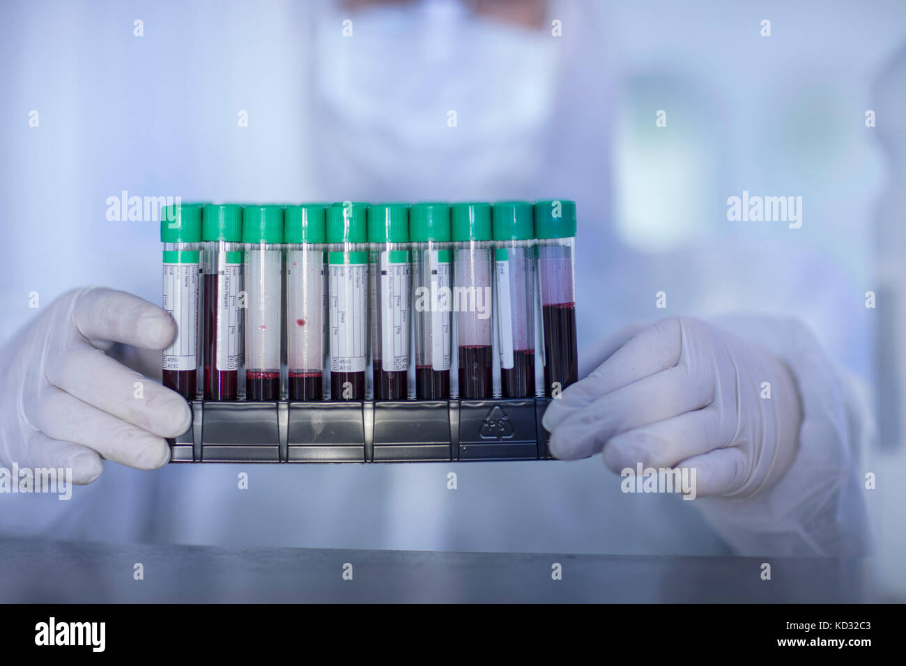 Labor Arbeitnehmer holding Reagenzglasständer, close-up Stockfoto