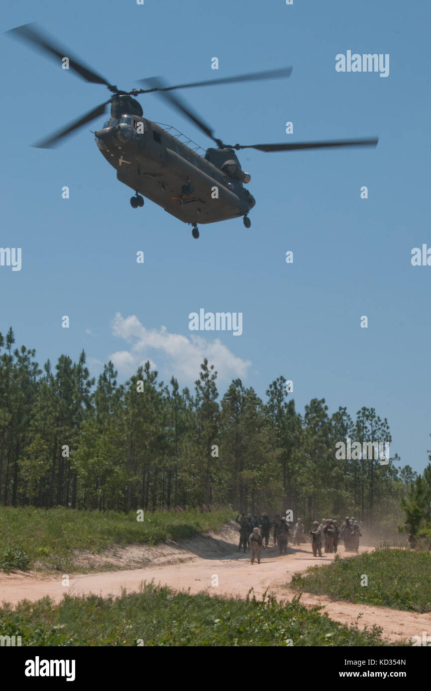 Ein U.S. Army CH-47 Chinook Hubschrauber aus der Luft unterstützen Bataillon, South Carolina Army National Guard, unterstützt Sappers, Licht Bekämpfung der Ingenieure, der Techniker 1222nd Bataillon, South Carolina Army National Guard, wie Sie trainieren in mehreren Mission wesentliche Fähigkeiten während ihrer jährlichen Schulung Juni 6-20, 2015 mccrady Training Center in Eastover, South Carolina. Soldaten Praxis Manöver Fähigkeiten infiltrieren ein Bereich aus einem Chinook Hubschrauber während der Ausbildung 17. Juni 2015. (U.s. Army National Guard Foto von 2 Lt. tracci Dorgan/freigegeben) Stockfoto