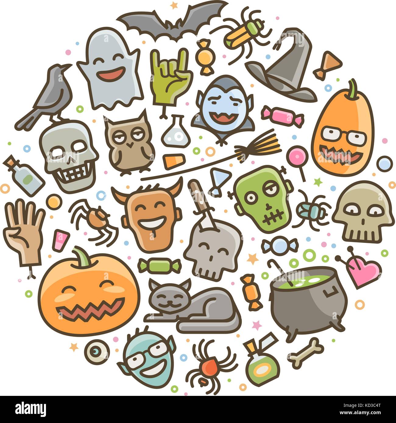 Halloween, ein Satz von Symbolen. Feiertagssymbol. Illustration des Zeichentrickvektors Stock Vektor