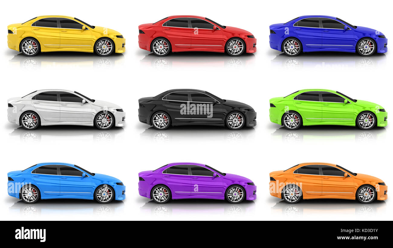 Neun Autos in verschiedenen Farben auf weißem Hintergrund. 3d-Illustration Stockfoto
