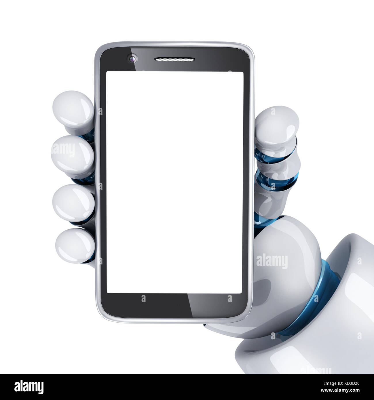 Telefonansicht vorne, leerer Bildschirm und Roboterhand. 3d-Illustration Stockfoto