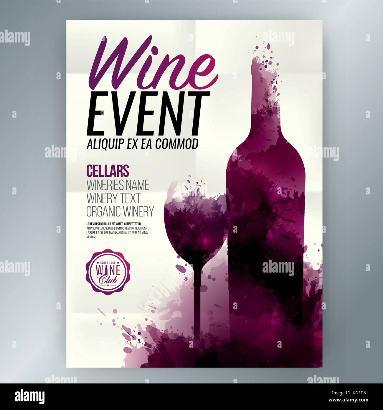 Vorlage für Einladungen, Promotions und Events. Abbildung: Wein Glas und Flasche. Mustertext. Vektor Design. Stock Vektor