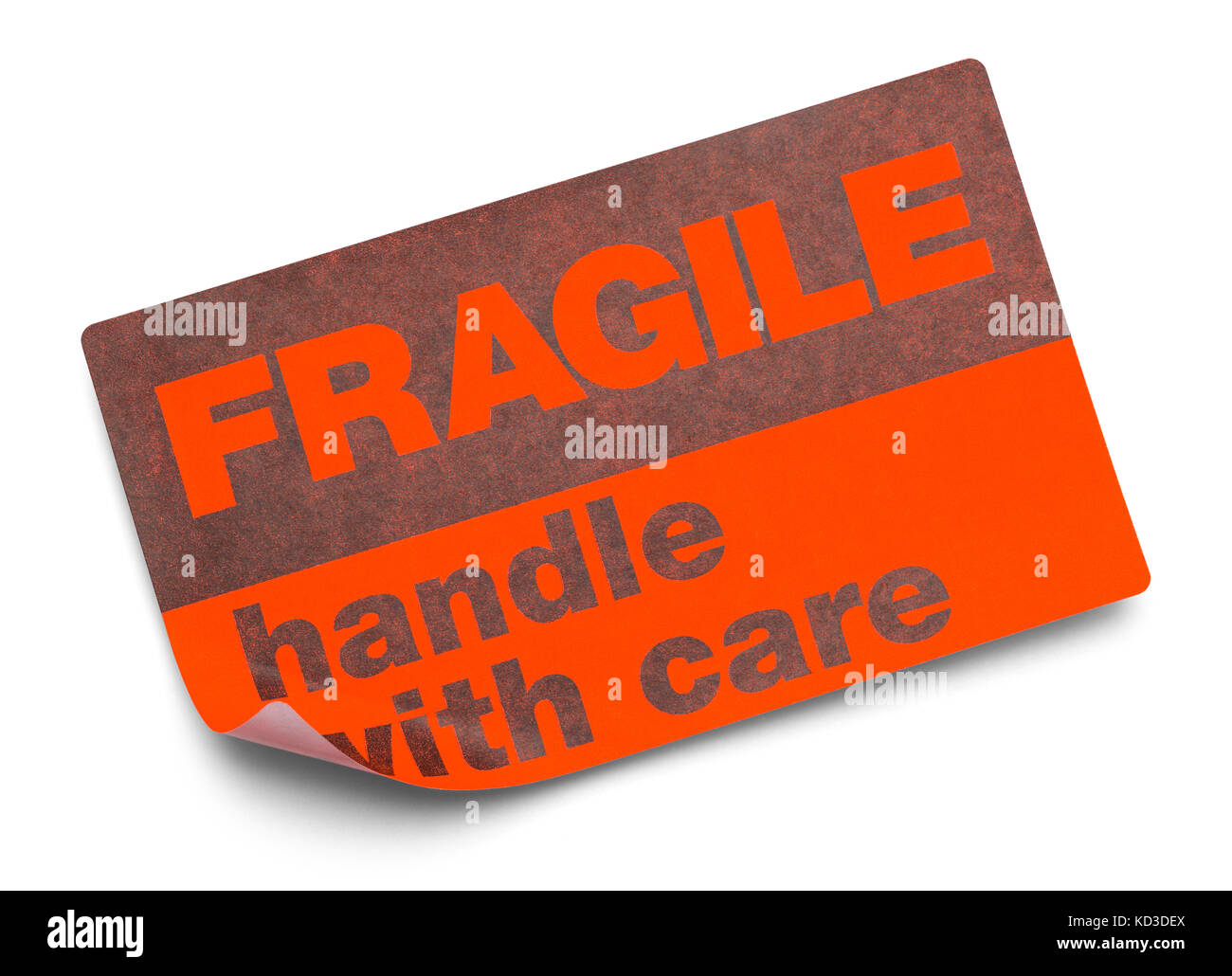 Orange fragile Aufkleber mit Vorsicht handhaben auf weißem Hintergrund. Stockfoto
