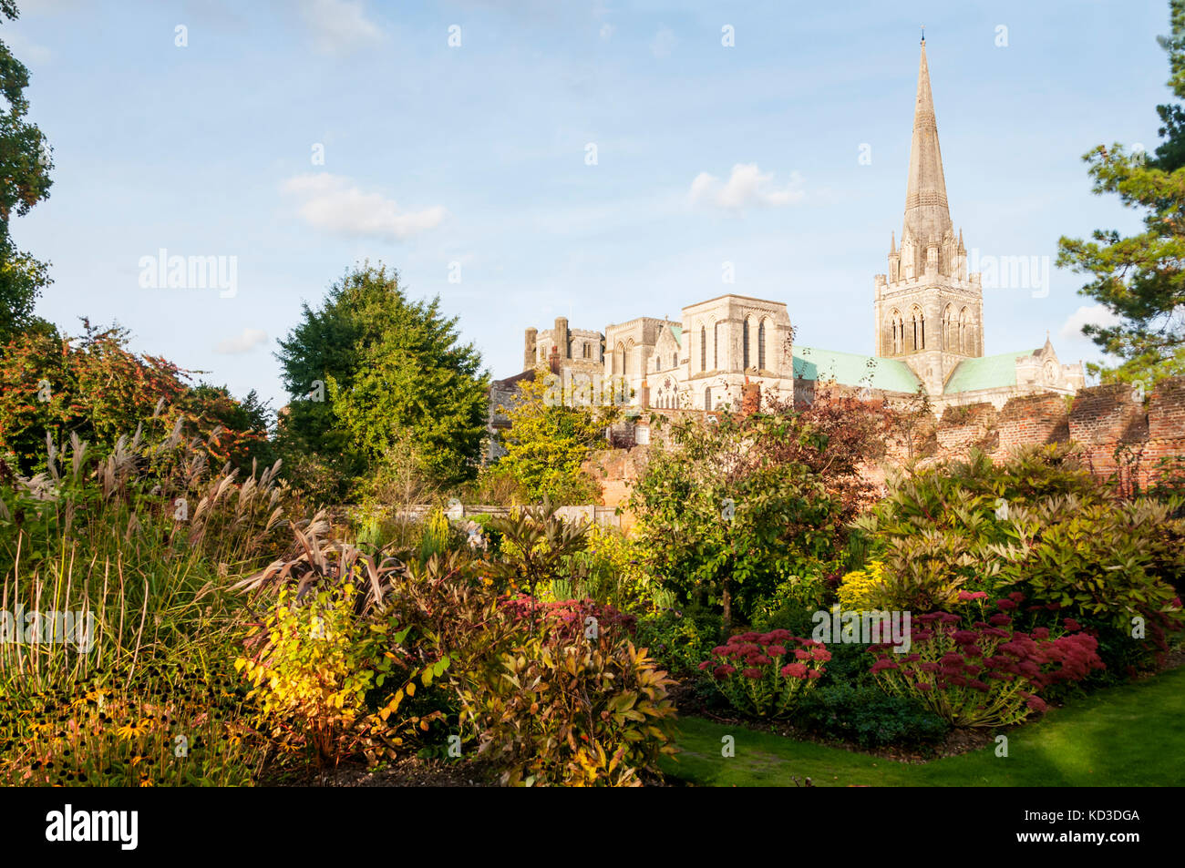 Der Bischofspalast Garten in Chichester mit der Kathedrale im Hintergrund. Stockfoto