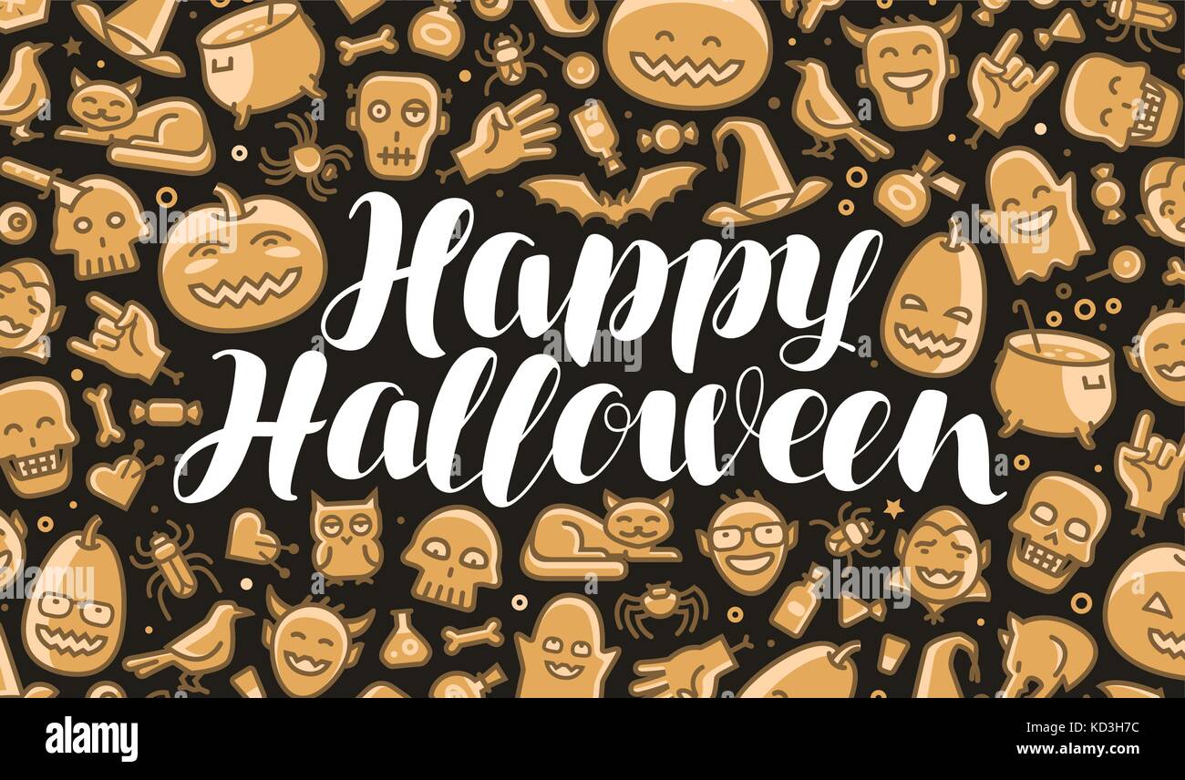 Happy Halloween, Grußkarte oder Banner. Feiertags-, Festival-, Festtagskonzept. Illustration des Schriftvektors Stock Vektor