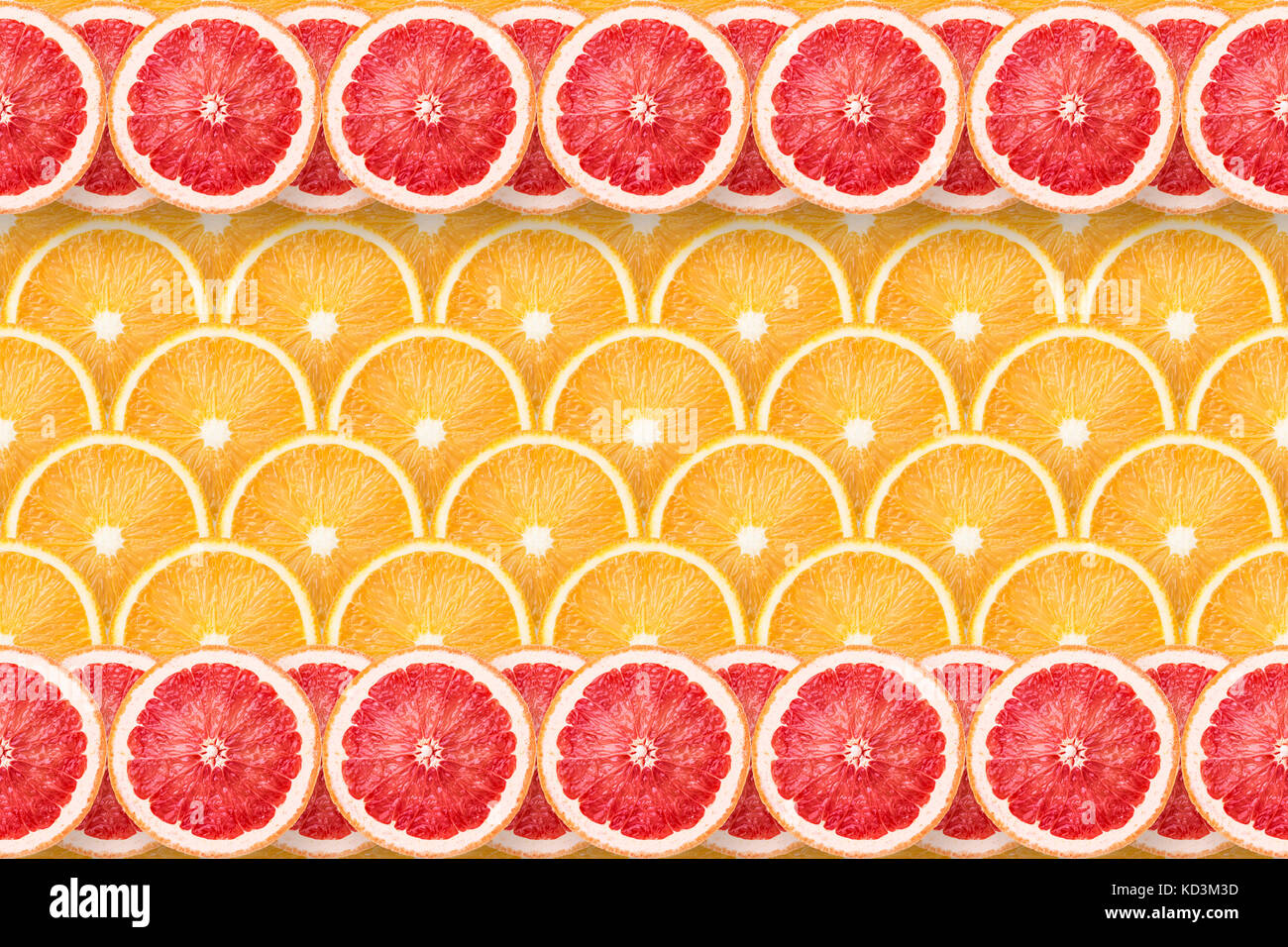 Orange Scheiben Hintergrund mit Grapefruit Streifen oben und unten, nahtlose in horizontaler Richtung Stockfoto