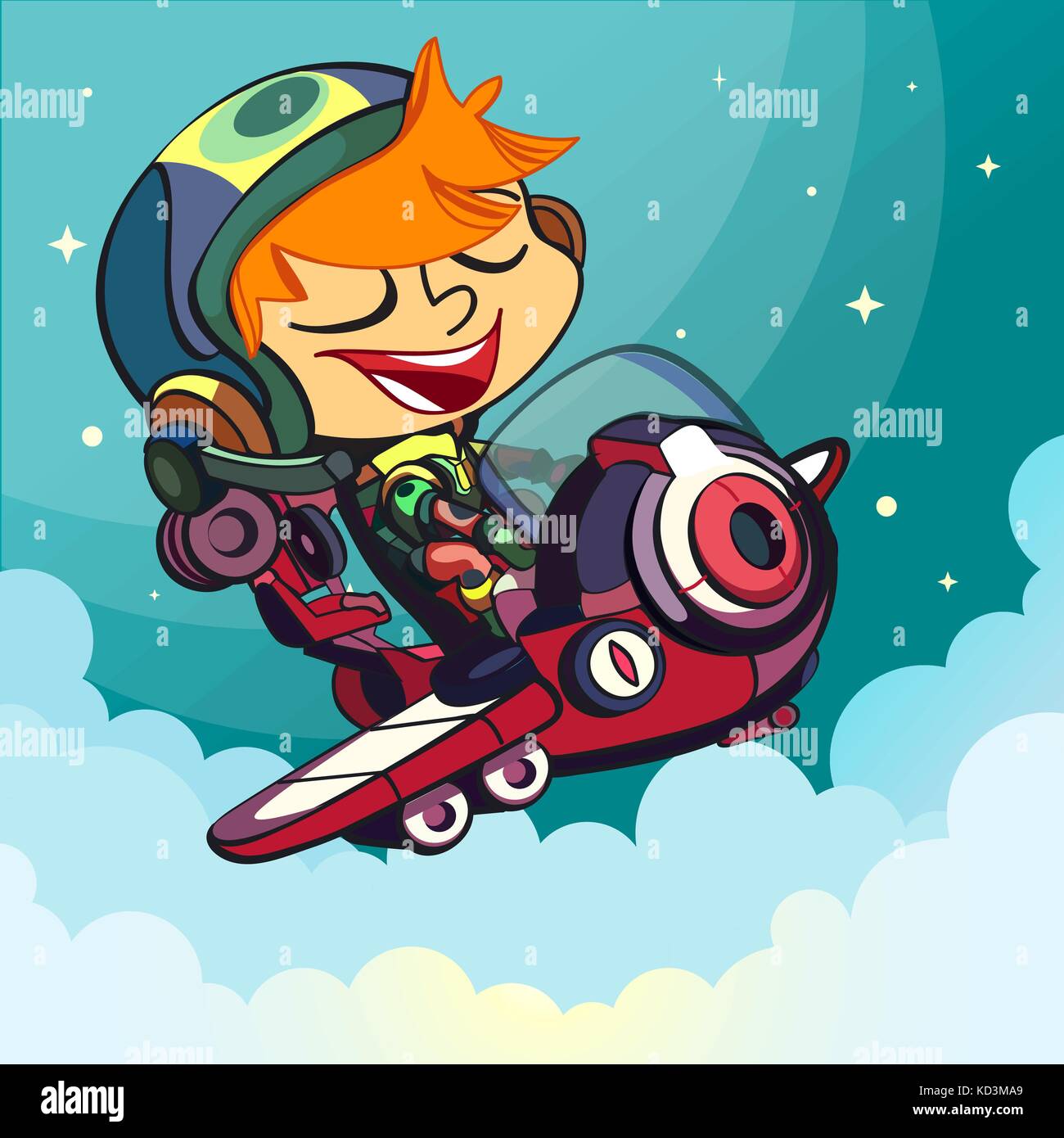 Illustration der Junge des Piloten. Ein lustiger Charakter im Hintergrund des Himmels. Stock Vektor