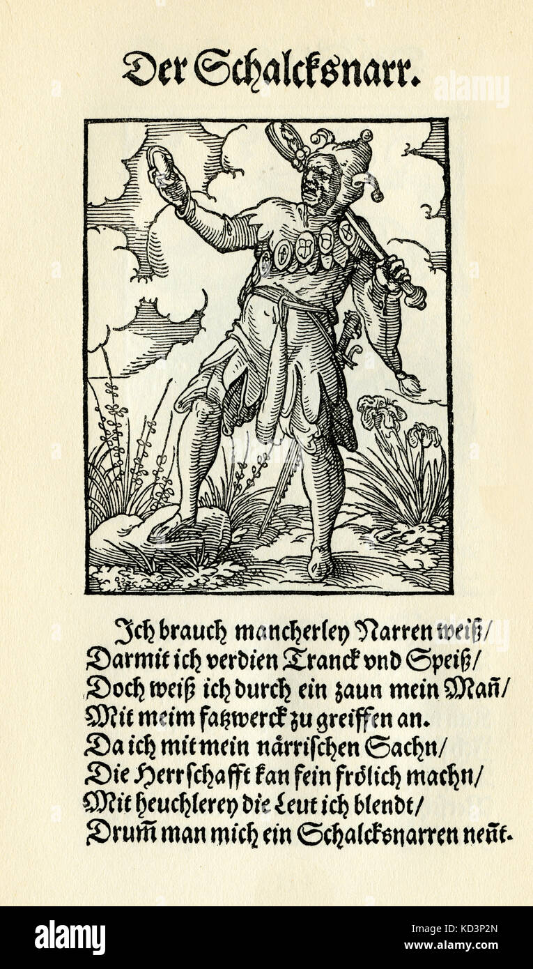 Prankster/Narr/Jester (der Schalksnarr), aus dem Buch der Gewerke/das Standebuch (Panoplia omnium illiberalium mechanicarum...), Sammlung von Holzschnitten von Jost Amman (13. Juni 1539 bis 17. März 1591), mit begleitendem Reim von Hans Sachs (5. November 1494 - 19. Januar 1576) Stockfoto
