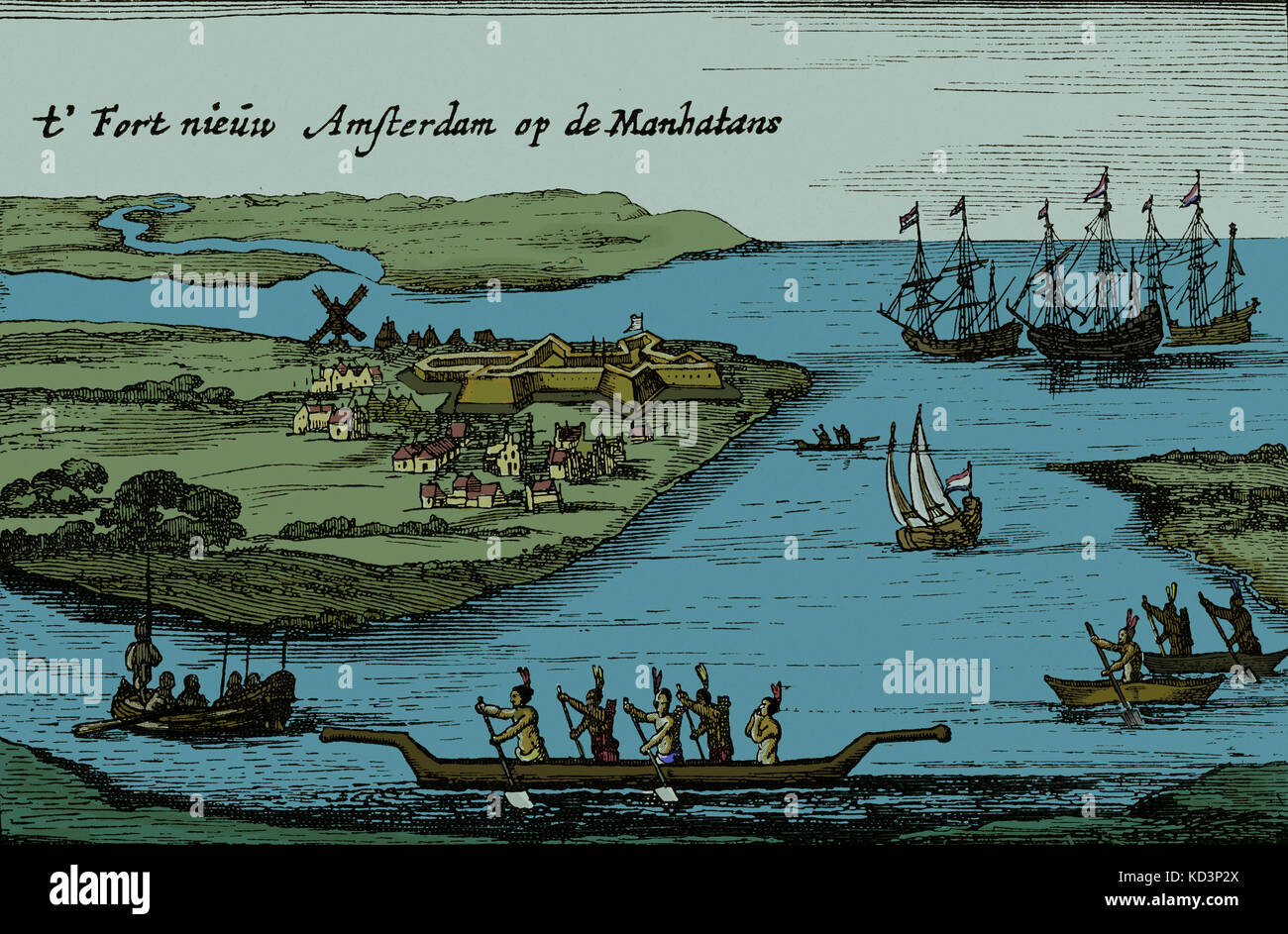 New Amsterdam - Ansicht der niederländischen kolonialen Siedlung, die später New York City wurde. Bildunterschrift lautet: t' Fort Nieuw Amsterdam Op de Manhatans. Auch bezeichnet die Hartgers Ansicht. Herausgegeben von Joost Hartgers, Amsterdam, c. 1626. Stockfoto