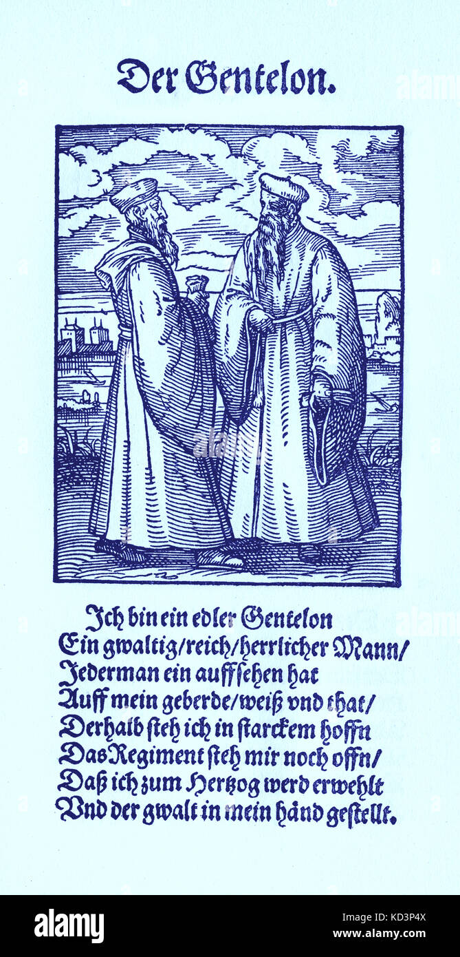 Adeliger (der Gentelon/Edelmann) aus dem Buch der Gewerke/das Standebuch (Panoplia omnium illiberalium mechanicarum...), Sammlung von Holzschnitten von Jost Amman (13. Juni 1539 bis 17. März 1591), 1568 mit begleitendem Reim von Hans Sachs (5. November 1494 - 19. Januar 1576) Stockfoto