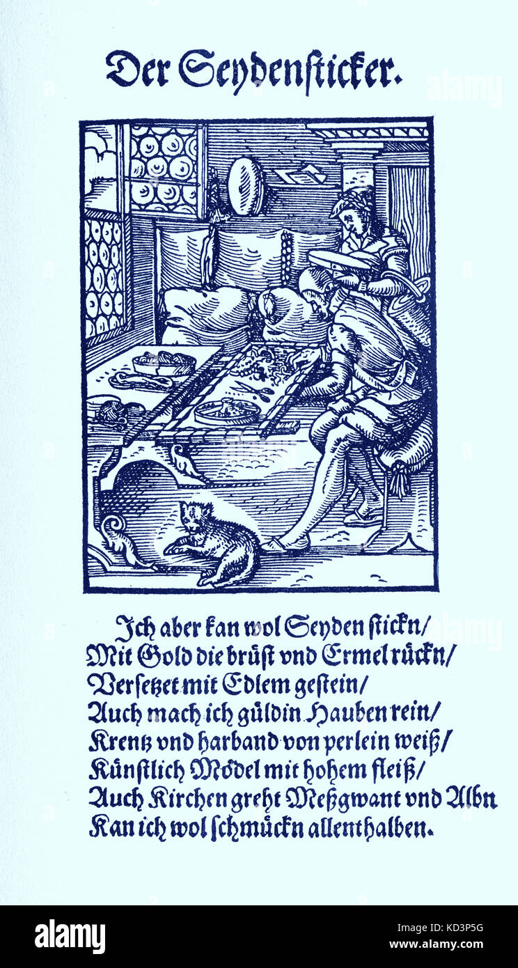Seidensticker (Seidensticker/Seydensticker), aus dem Buch der Gewerke / das Standbuch (Panoplia omnium illiberalium mechanicarum...), Holzschnitzensammlung von Jost Amman (13. Juni 1539 bis 17. März 1591), 1568 mit begleitendem Reim von Hans Sachs (5. November 1494 - 19. Januar 1576) Stockfoto