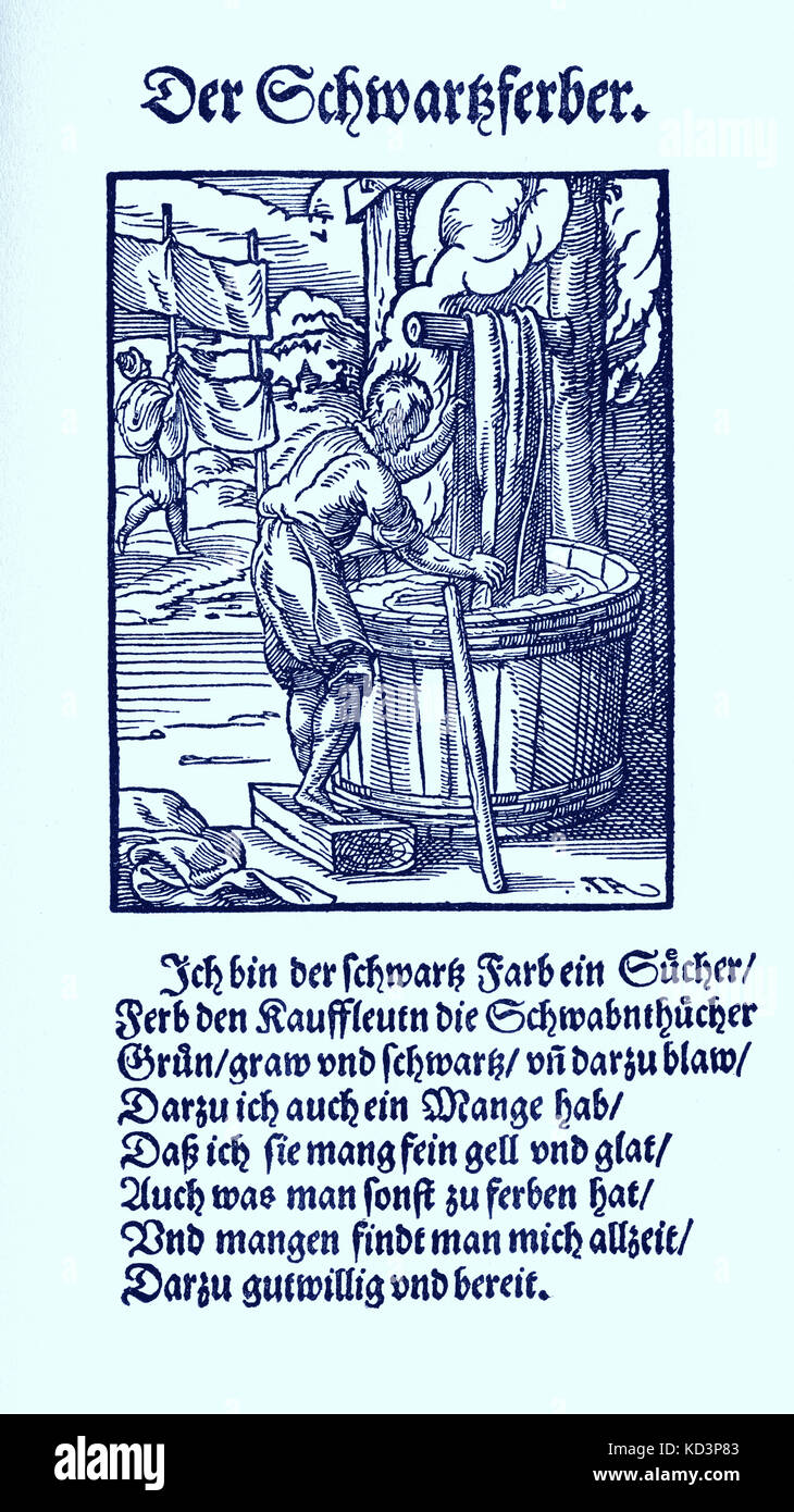 Stoffdyer (der Schwartzfarber), aus dem Buch der Gewerke / das Standebuch (Panoplia omnium illiberalium mechanicarum...), Sammlung von Holzschnitten von Jost Amman (13. Juni 1539 -17. März 1591), 1568 mit begleitendem Reim von Hans Sachs (5. November 1494 - 19. Januar 1576) Stockfoto