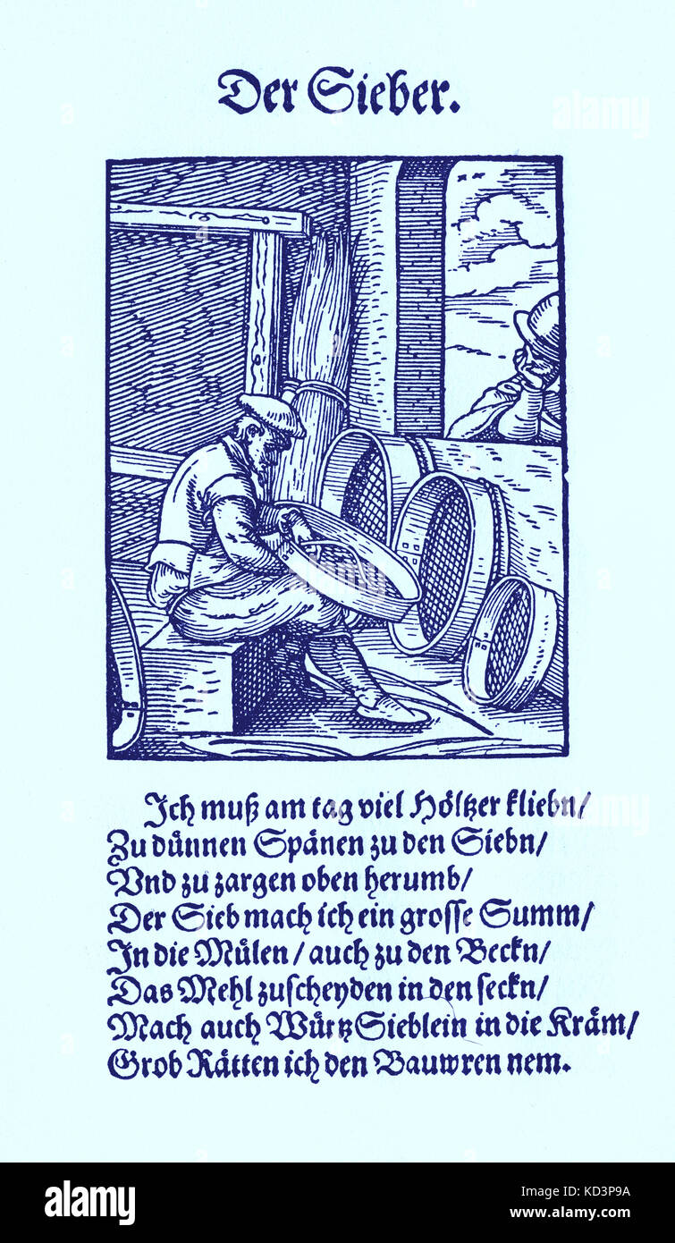Siebmacher (der Sieber/Siebmacher), aus dem Buch der Gewerke/das Standebuch (Panoplia omnium illiberalium mechanicarum...), Holzschnitzensammlung von Jost Amman (13. Juni 1539 bis 17. März 1591), 1568 mit begleitendem Reim von Hans Sachs (5. November 1494 - 19. Januar 1576) Stockfoto