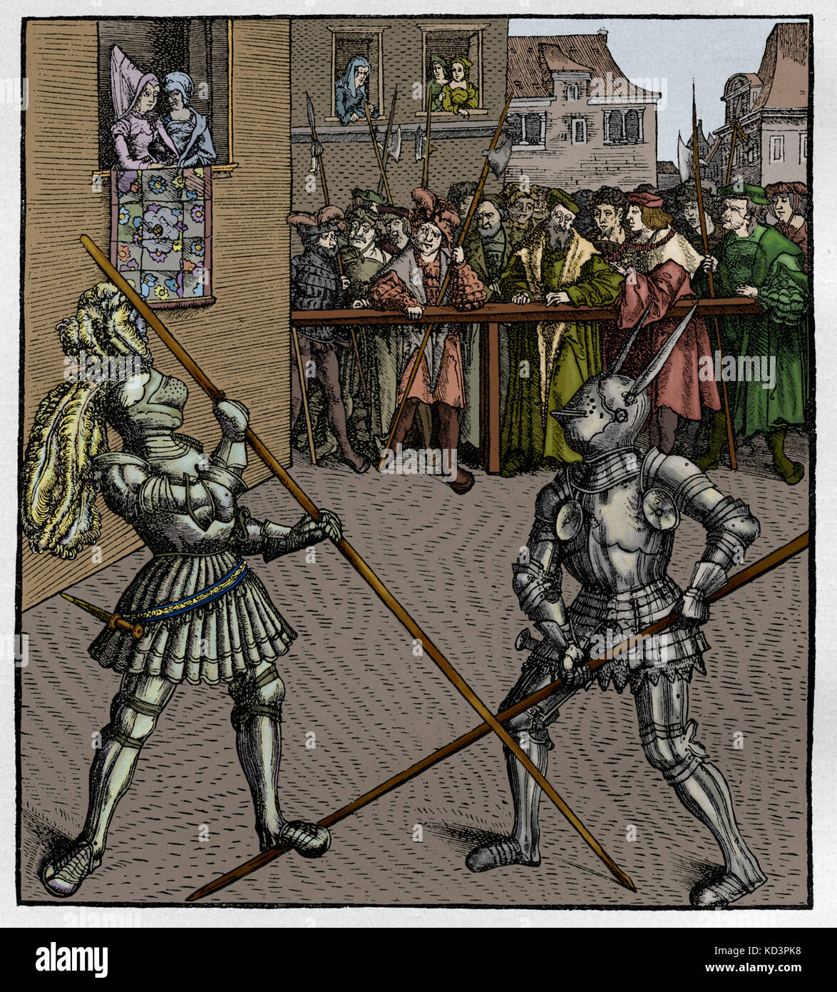 Maximilian I, Heiliger römischer Kaiser (22 März 1459 – 12 Januar 1519) konkurrieren in einem Turnier mit Lanzen bekämpfen. Holzschnitt-Illustration von Hans Burgkmair (1472-1531) Stockfoto