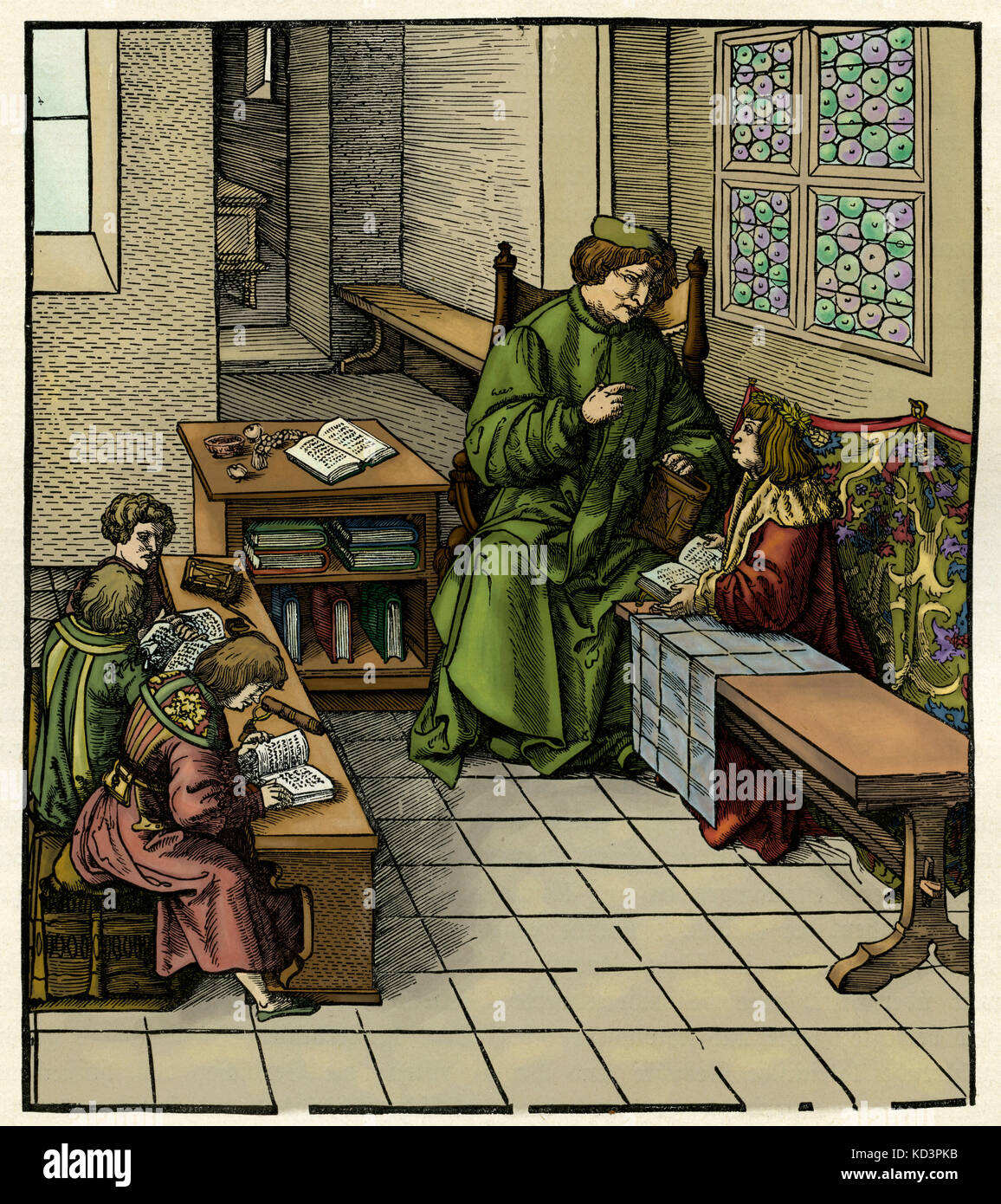 Maximilian I, Heiliger römischer Kaiser (22 März 1459 – 12 Januar 1519) in seiner Jugend seine Bildung zu erhalten. Holzschnitt-Illustration von Hans Burgkmair (1472-1531) Stockfoto