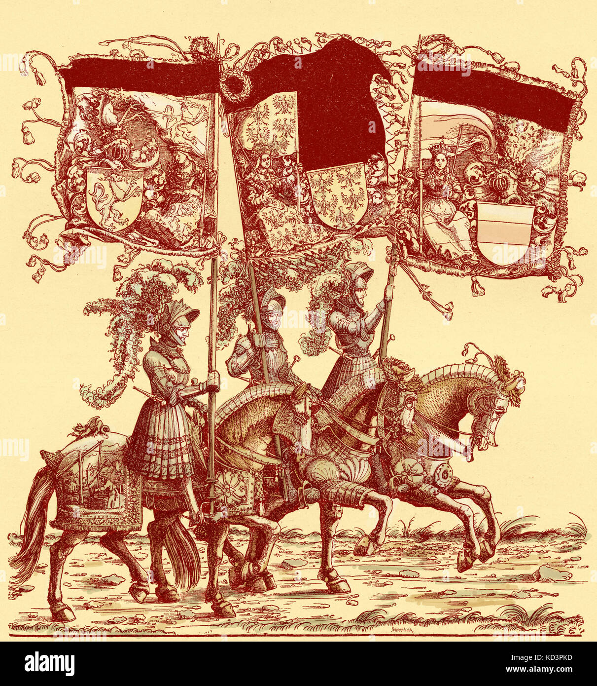 Fahnenträger zu Pferd, Triumphzug von Maximilian I., Heiliger römischer Kaiser (22. März 1459 - 12. Januar 1519). Holzschnitt-Illustration von Hans Burgkmair (1472 - 1531) Stockfoto