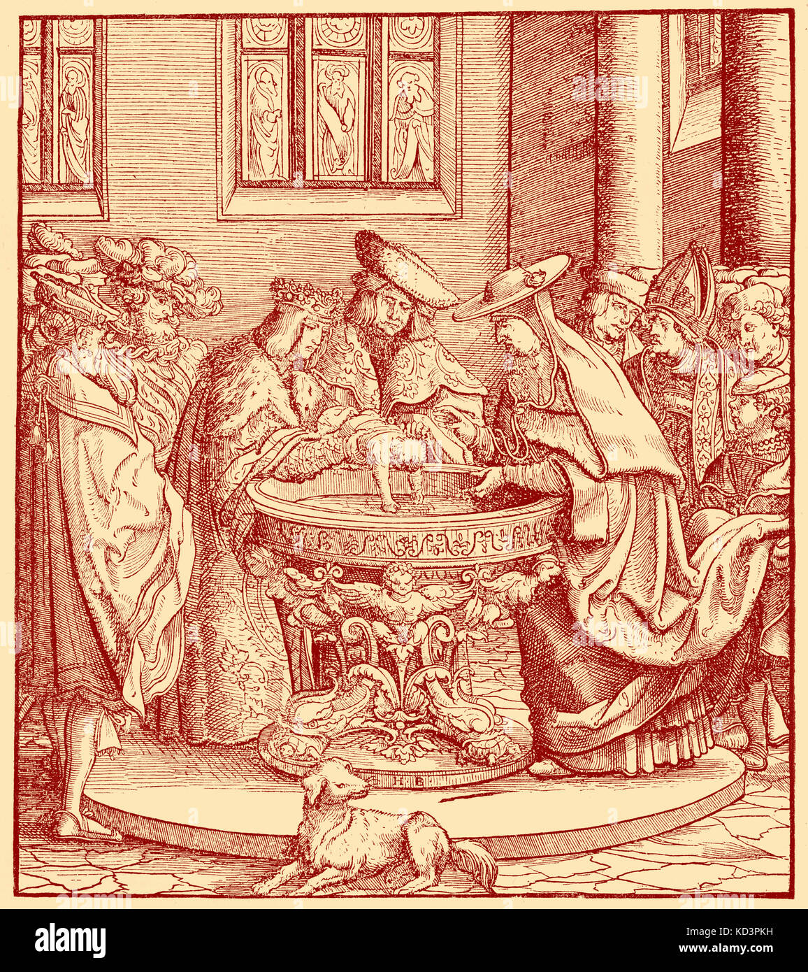 Taufe/Taufe von Maximilian I., Heiliger römischer Kaiser (22. März 1459 - 12. Januar 1519). Holzschnitt-Illustration von Hans Burgkmair (1472 - 1531) Stockfoto