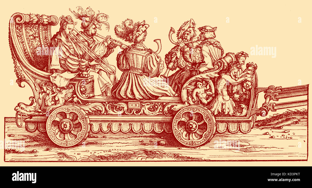 Paradewagen mit Trompeten und Hornspielern, Triumphzug von Maximilian I., Heiliger römischer Kaiser (22. März 1459 - 12. Januar 1519). Holzschnitt-Illustration von Hans Burgkmair (1472 - 1531) Stockfoto