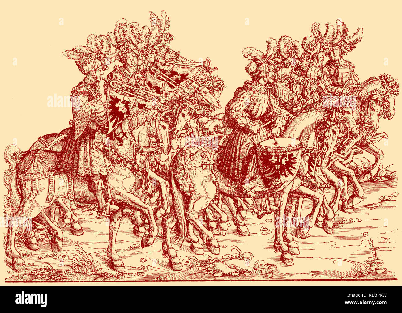 Trompeter und Trommler zu Pferd, Triumphzug von Maximilian I., Heiliger römischer Kaiser (22. März 1459 - 12. Januar 1519). Holzschnitt-Illustration von Hans Burgkmair (1472 - 1531) Stockfoto