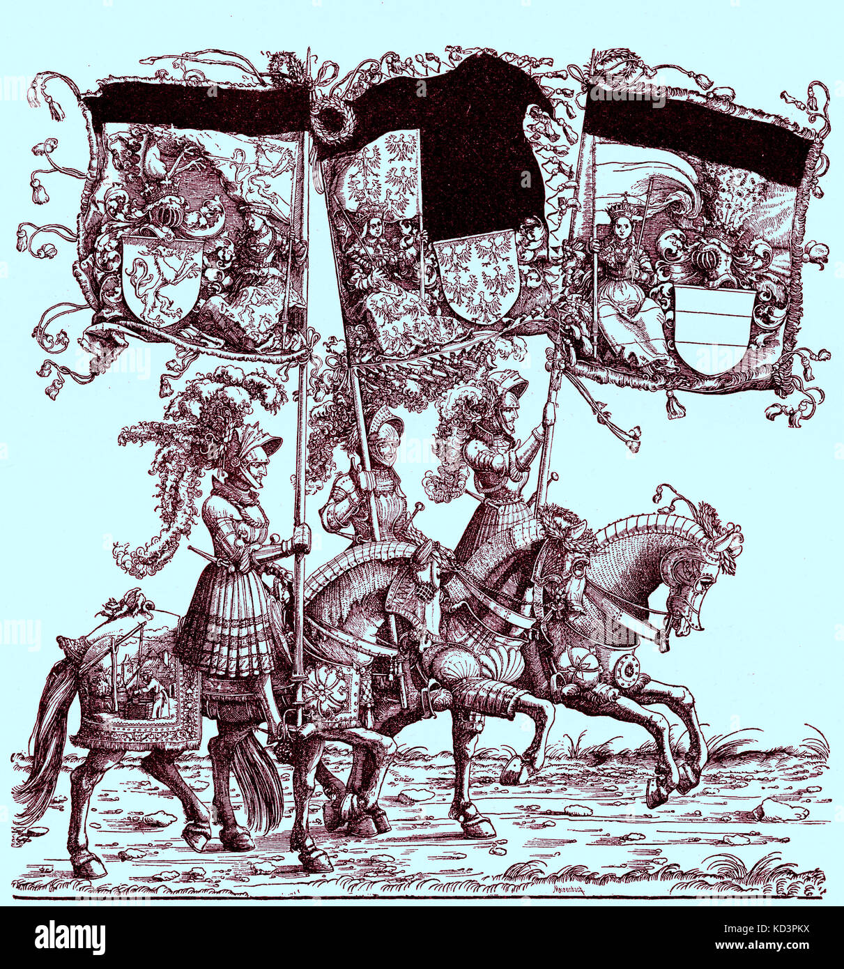 Fahnenträger zu Pferd, Triumphzug von Maximilian I., Heiliger römischer Kaiser (22. März 1459 - 12. Januar 1519). Holzschnitt-Illustration von Hans Burgkmair (1472 - 1531) Stockfoto