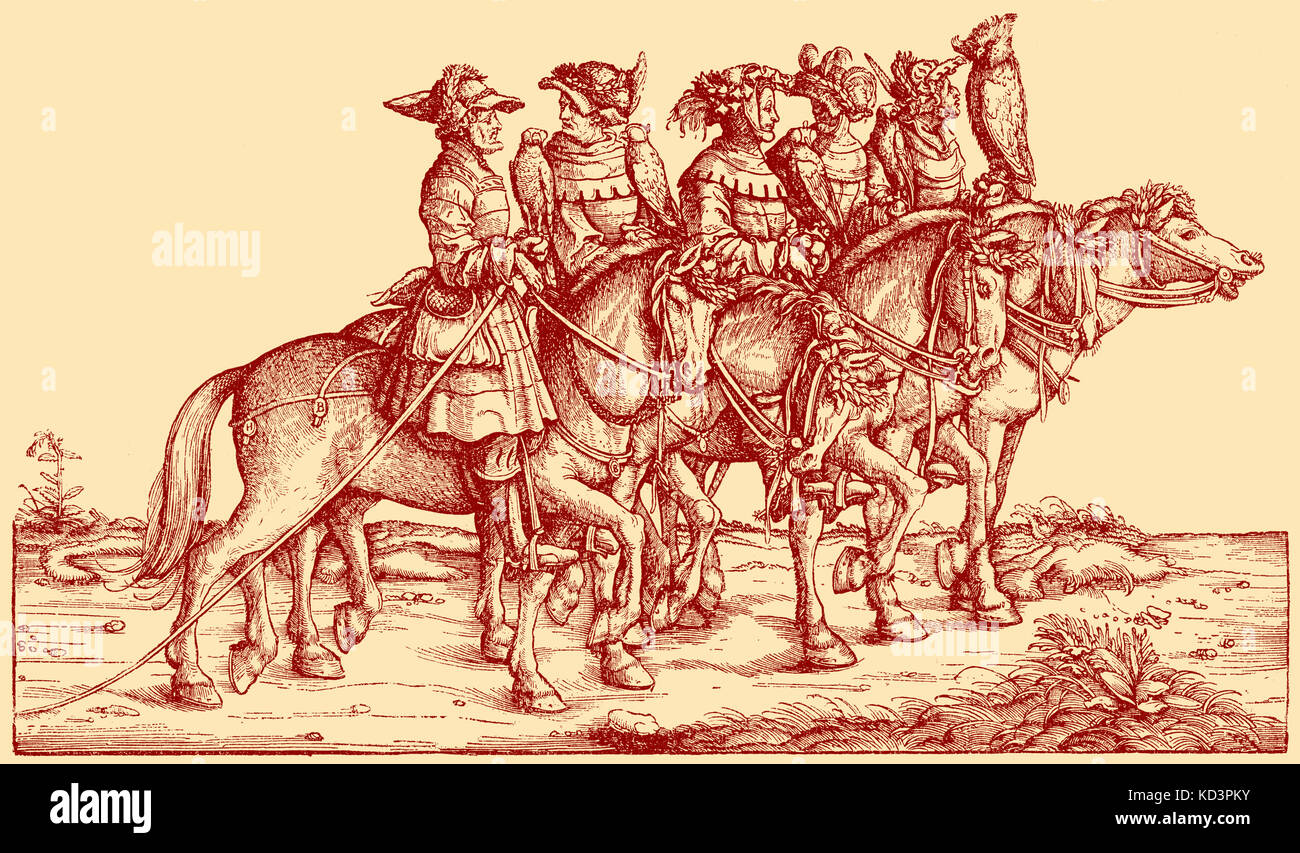Jäger mit Falken zu Pferd, Triumphzug von Maximilian I., Heiliger römischer Kaiser (22. März 1459 - 12. Januar 1519). Holzschnitt-Illustration von Hans Burgkmair (1472 - 1531) Stockfoto