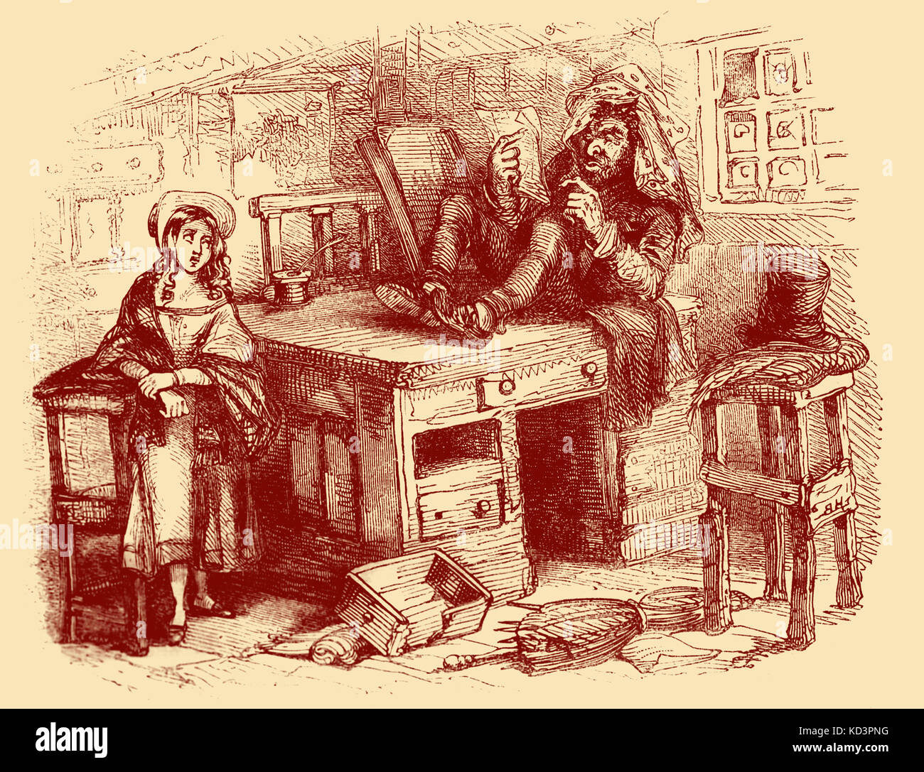 Charles Dickens 'The Old Curiosity Shop'. Erstveröffentlicht im Jahr 1841. Szenenbeschreibung: Little Nell ist ängstlich. (Herr Quilp liest den Brief) Kapitel sechs. Illustration von Hablot K. Browne - "Phiz" (1815-1882) CD: Englischer Romanautor 7. Februar 1812 - 9. Juni 1870 Stockfoto