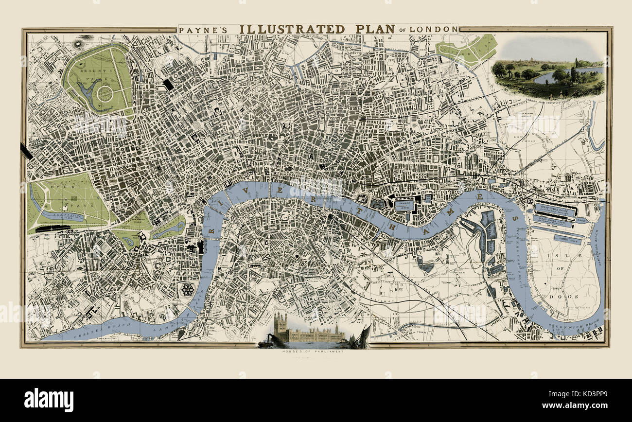 Karte von London im Jahre 1846 von AH Payne, mit Vignettenillustrationen des Palace of Westminster und dem Blick auf London vom Parliament Hill auf Hampstead Heath Stockfoto