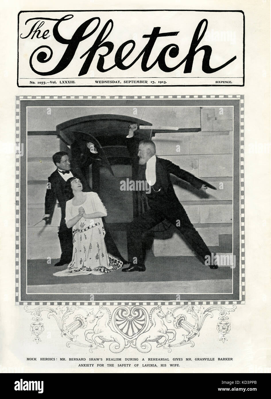 Bernard Shaw - Androcles and the Lion - humorvolle Schauspielkunst von Bernard Shaw (Dramatiker), Granville Barker (Regisseur) und Lavinia McCarthy wif von Granville Barker auf dem Cover der Sketch 17. September 1913. Bildunterschrift lautet: 'Meine Heldentat! Der Realismus von Bernard Shaw während einer Probe gibt Herrn Granville Barker Angst um die Sicherheit von Lavinia, seiner Frau. Stockfoto