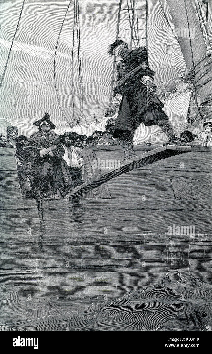 Ein Seemann, der gezwungen war, die Planke auf einem Piratenschiff zu laufen, Illustration von Howard Pyle Stockfoto
