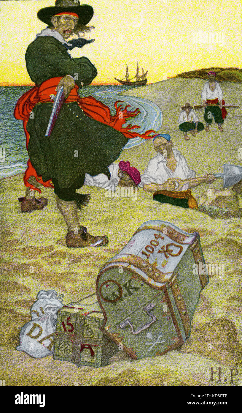 Kapitän William Kidd und seine Mannschaft, die Schatz, 1600 s, begraben. Abbildung von Howard Pyle Stockfoto