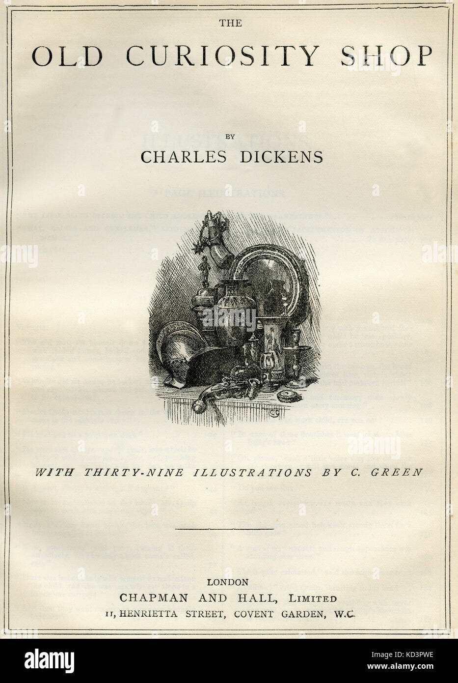The Old Curiosity Shop von Charles Dickens Title Page - English Novelist, 7. Februar 1812 - 9. Juni 1870. Illustration von Charles Green 1840-1898 . London. Chapman und Hall. Stockfoto