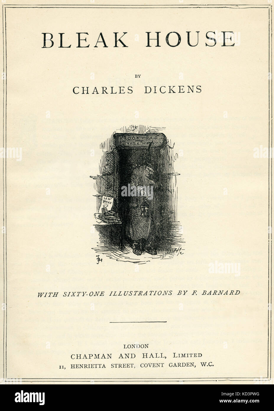Bleak House von Charles Dickens Titelseite - englischer Romanautor, 7. Februar 1812 - 9. Juni 1870. Illustration von Frederick (Fred) Barnard. London. Chapman und Hall. Stockfoto