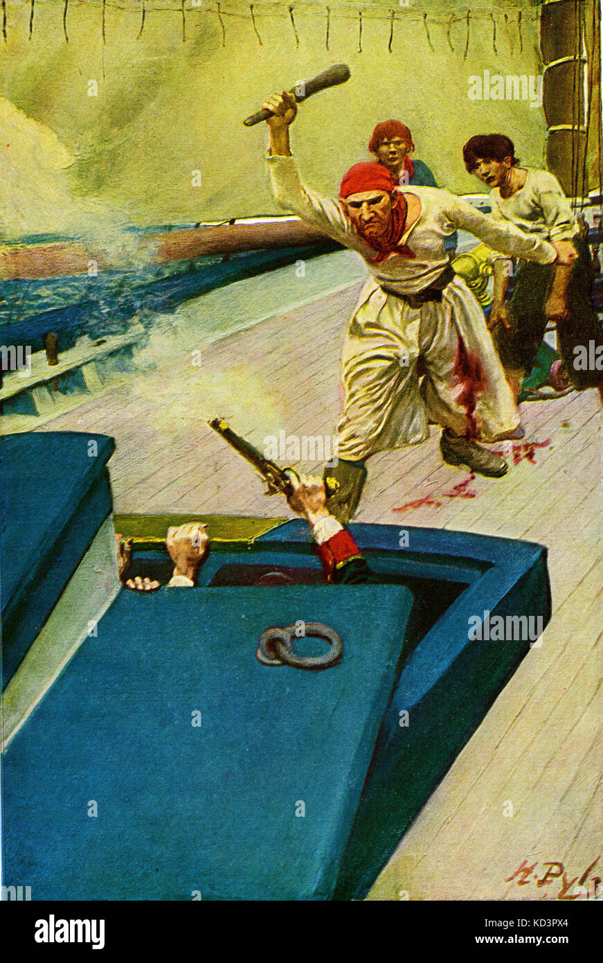 Kampf, der ausbricht, als Piraten an Bord eines Schiffes gehen, Illustration von Howard Pyle Stockfoto