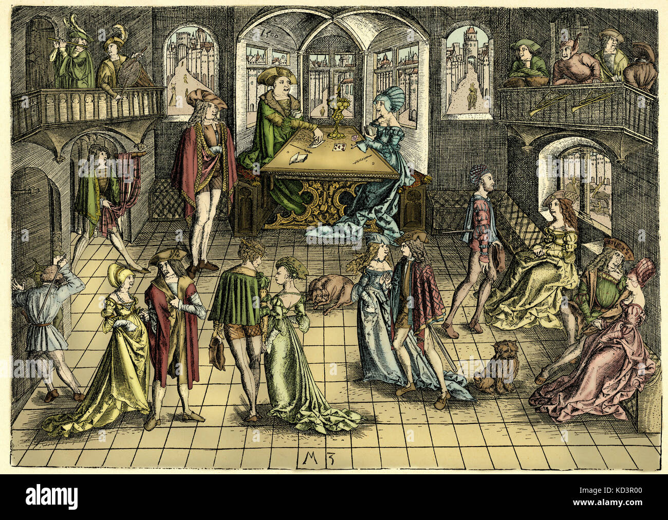 Ball vor dem Gericht von Herzog Albrecht IV., München, 1500. Herzog Albrecht ist in der Mitte an einem Tisch sitzend mit einer Dame abgebildet. Stockfoto