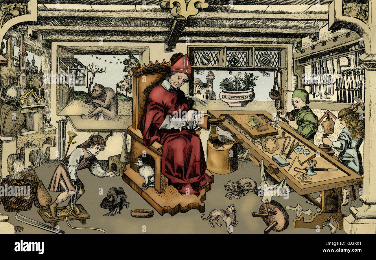 Goldschmiedewerkstatt, 15. Jahrhundert, Kupfer-Gravur Stockfoto
