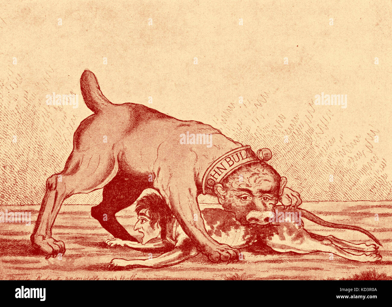 John Bull und Napoleon Bonaparte, im Jahr 1815 karikieren über die Niederlage Napoléons bei Waterloo. Bildunterschrift lautet: "The English Bulldog and the Corsican bloodhound". Stockfoto