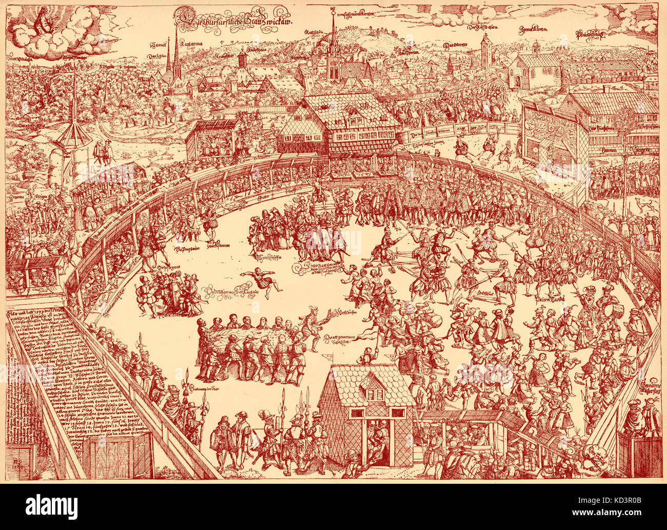 Festival in der Turnier-Platz Zwickau, zeigen verschiedene Formen der Unterhaltung. August 1573. Radierung von Paulus Reinhart. Stockfoto