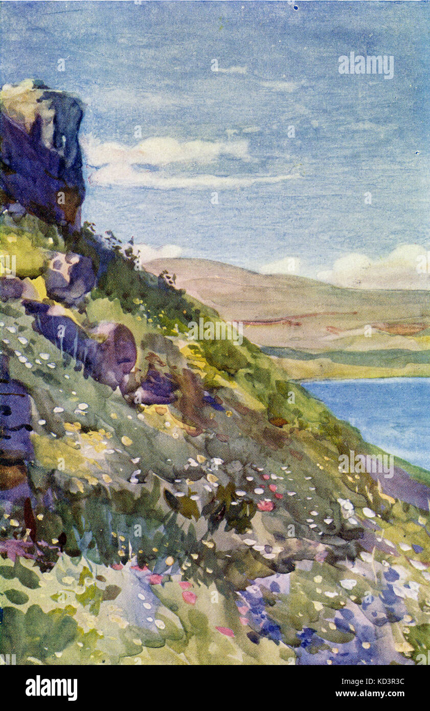 Berghang mit Blick auf den See Genezareth. c. -210 von Harold Copping. Stockfoto