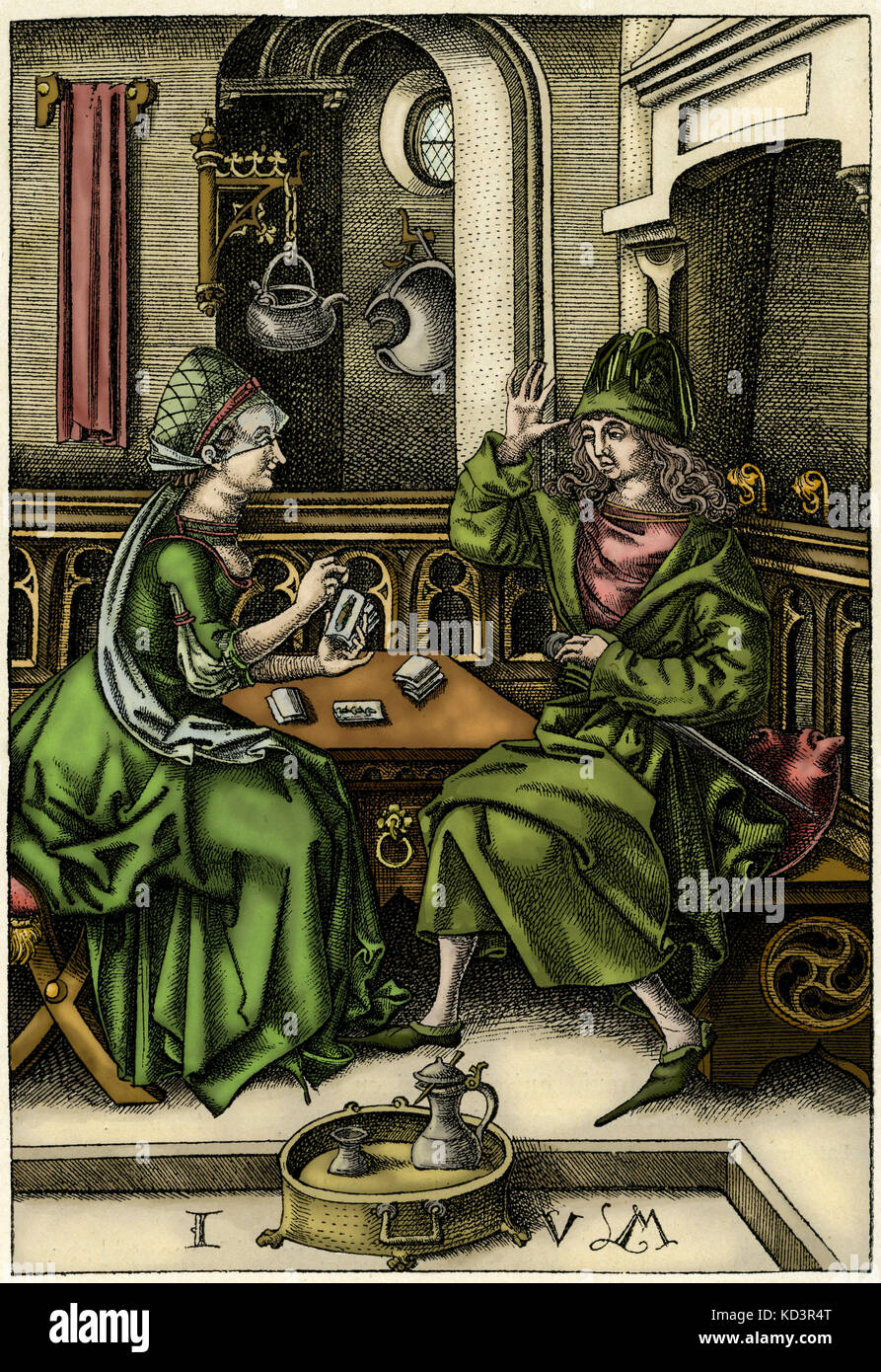 Mann und Frau spielen Karten, Gravur aus dem 15. Jahrhundert von Israel van Meckenem Stockfoto