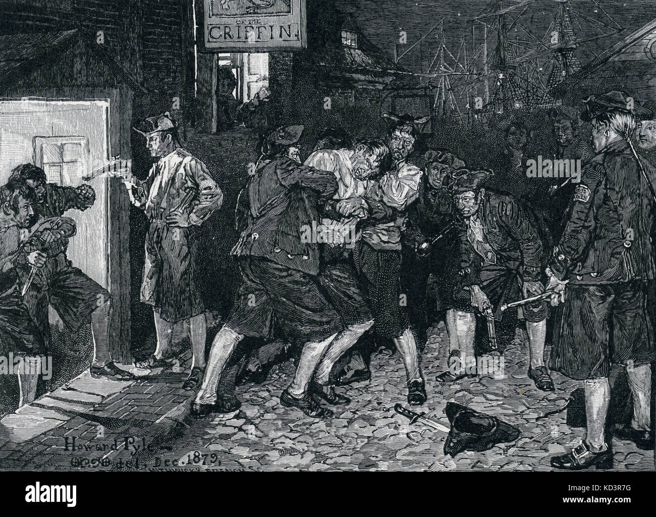 Presse-Bande, New York unter britischer Kolonialherrschaft, 1757, während des Siebenjährigen Krieges. Illustration von Howard Pyle, 1880 Stockfoto
