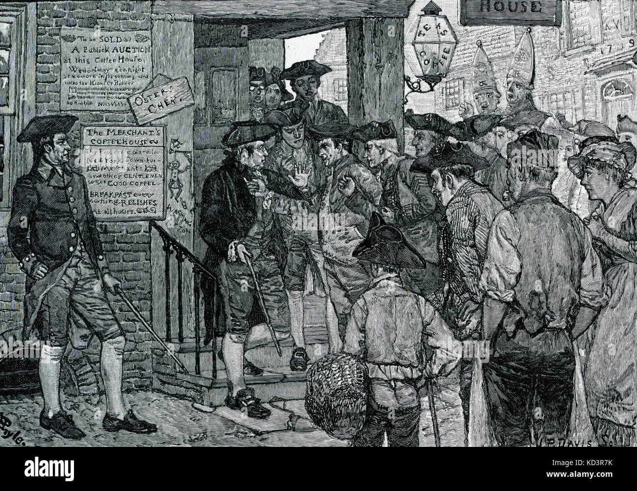 Mob, der versucht, einen Stempelbeamten zum Rücktritt zu zwingen, Boston, protestiert gegen den Stempelgesetz von 17618, amerikanische Revolution. Illustration von Howard Pyle, 1908 Stockfoto