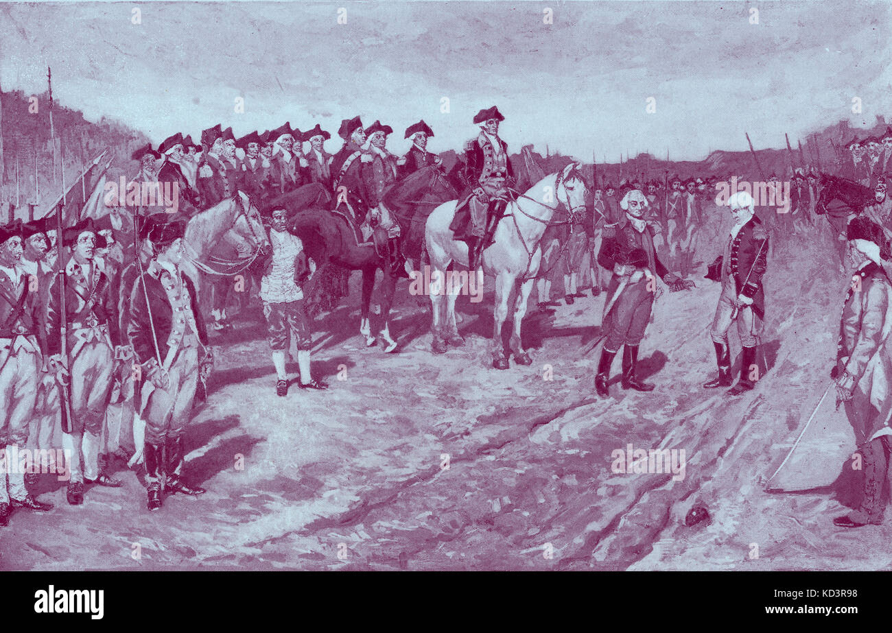 Kapitulation von Cornwallis, Schlacht von Yorktown, 171. Niederlage britischer Truppen durch amerikanische und französische Truppen unter Führung von George Washington und der Comte de Rochambeau. Amerikanische Revolution. Illustration von Howard Pyle, 1896 Stockfoto