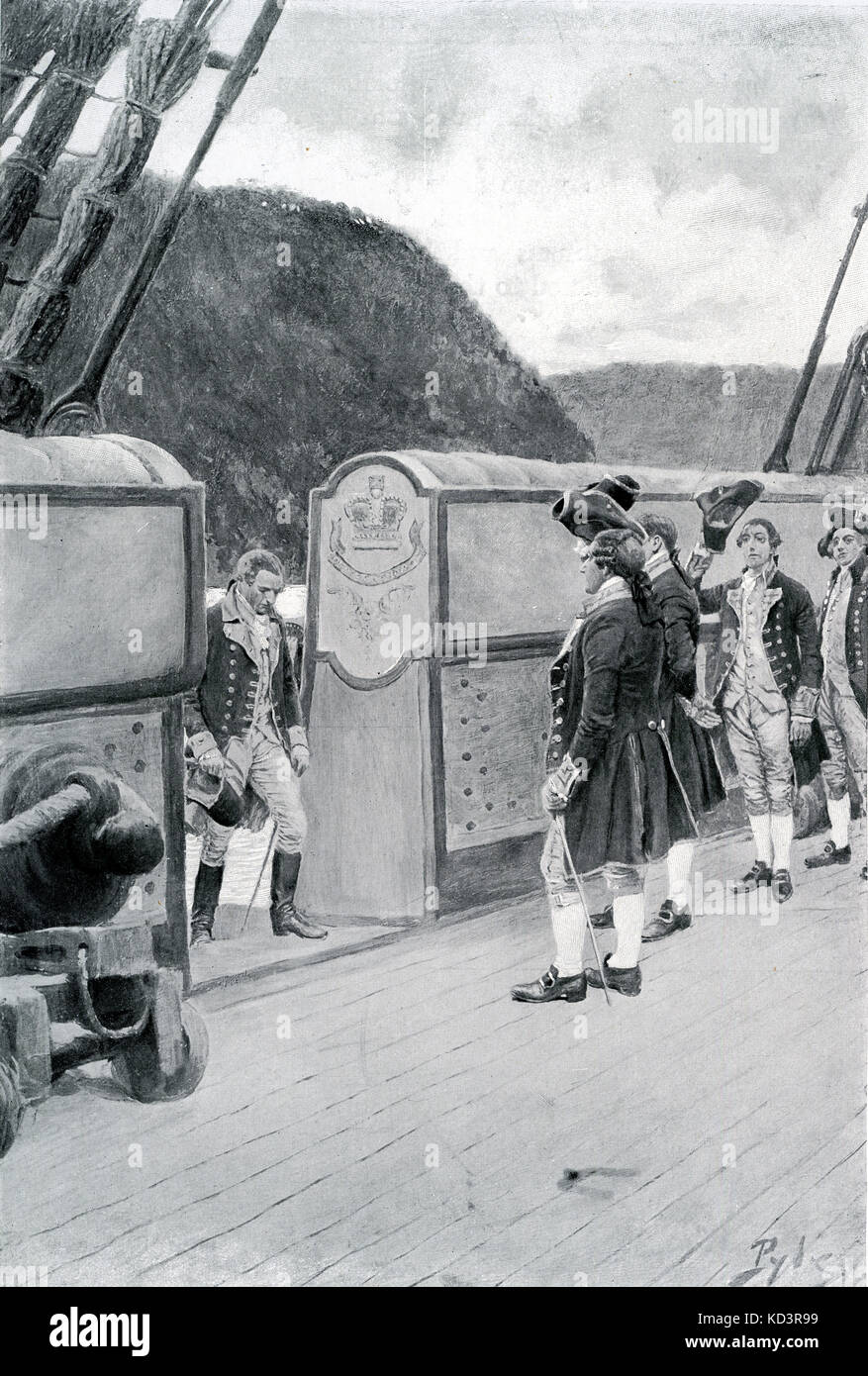 Die Flucht des amerikanischen Revolutionären General Benedict Arnold (1741 - 1801) auf das britische Schiff Vulture, um das Jahr 1780, nachdem er sich den Briten gegenüber entsetzt hatte. Amerikanische Revolution. Illustration von Howard Pyle, 1896 Stockfoto
