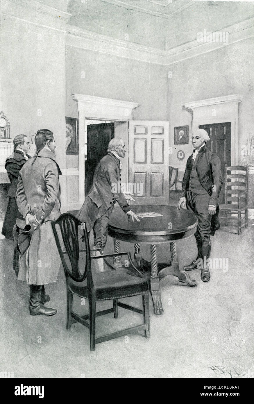 Charles Thompson kündigt George Washington seine Wahl zum ersten Präsidenten der Vereinigten Staaten in Mount Vernon, 1789 an. Illustration von Howard Pyle, 1896 Stockfoto