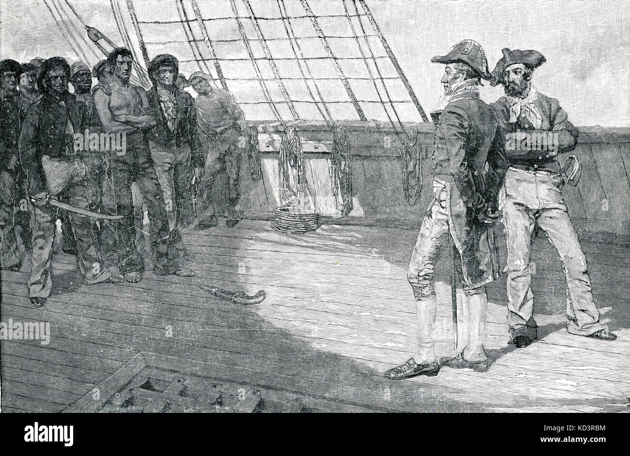 Unterdrückung amerikanischer Seeleute, Zweiter Krieg um die Unabhängigkeit/Krieg von 1812. Illustration von Howard Pyle, 1884a Stockfoto