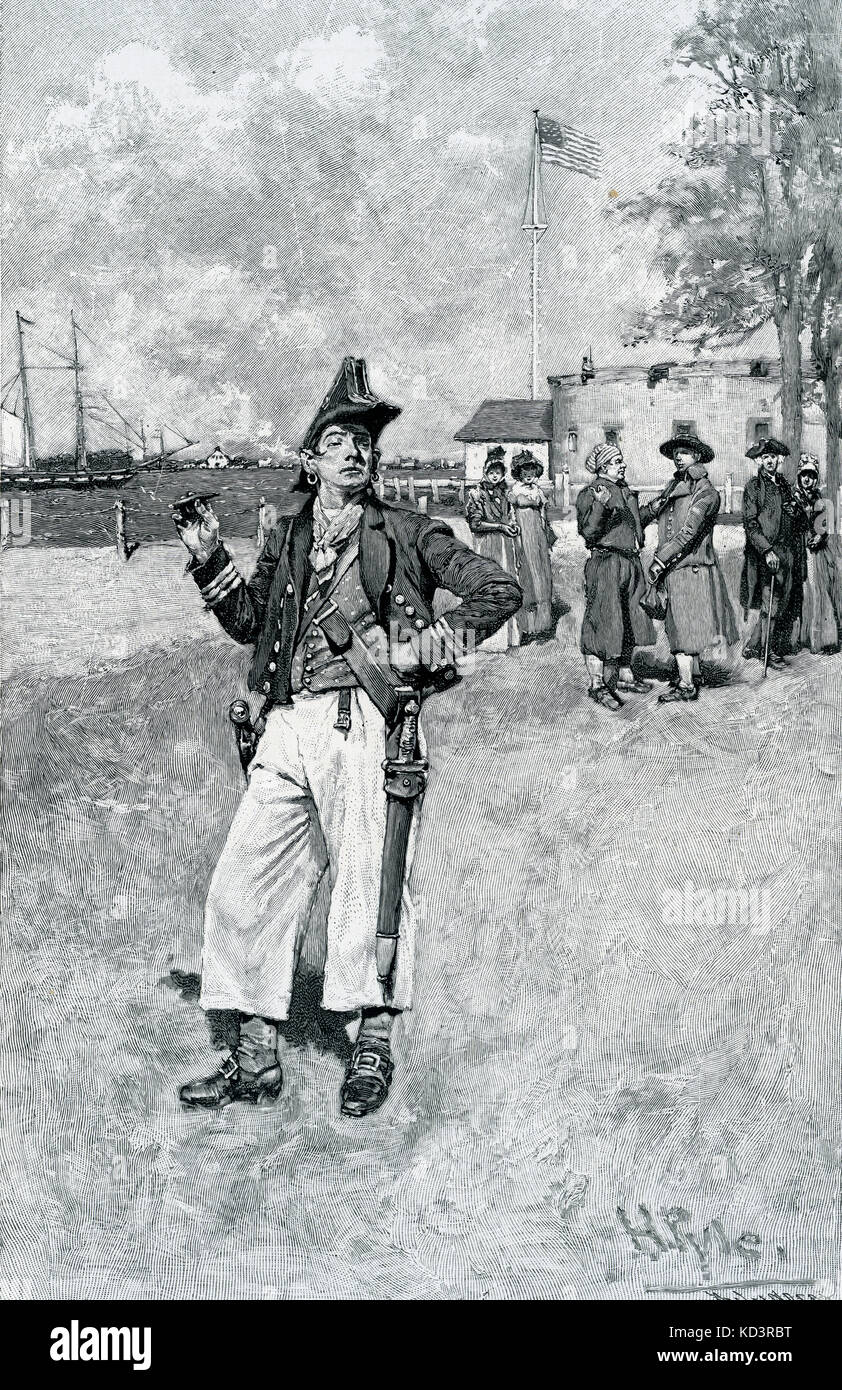 New Yorker Privatiersman aus der Kolonialzeit am Ufer, 18. Jahrhundert. Illustration von Howard Pyle, 1911 Stockfoto