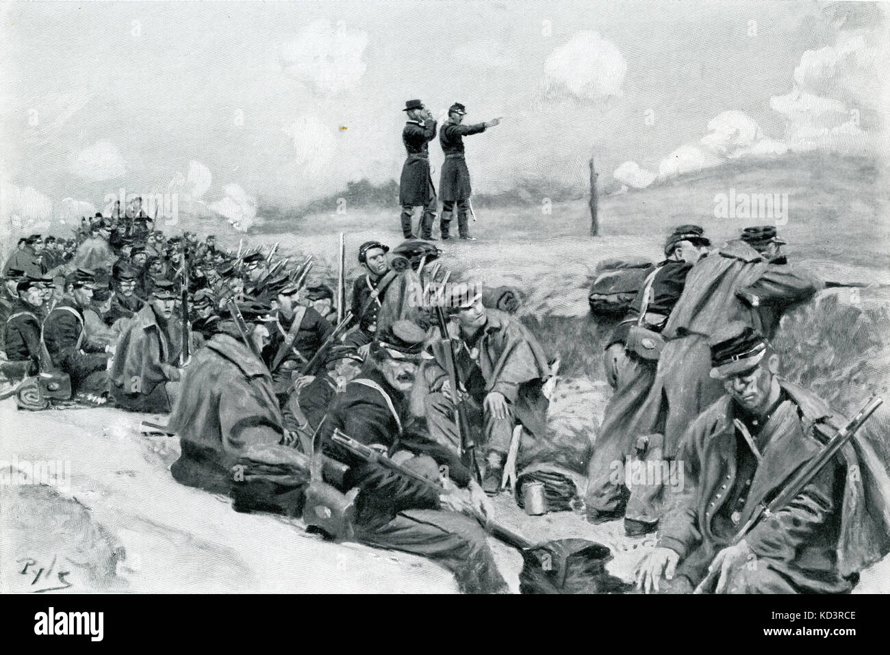 Bundeswehrsoldaten warten auf den Befehl zur Anklage, amerikanischer Bürgerkrieg 1861 - 1865. Illustration von Howard Pyle, im Jahr 1909 Stockfoto