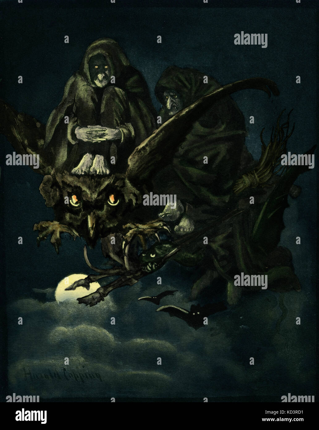Basques - Aquelarre. Die Bildunterschrift lautet: 'Der eine würde zwischen seine fleischlosen Knie das Skelett eines Mammuts von riesigen Ausmaßen drücken; der andere brüllt auf einer monströsen Eule.' Photogravure Illustration von Harold Copping. Akelarre ist der baskische Begriff, der Hexensabbat bedeutet. Baskische Hexenprozesse des 17.. Jahrhunderts durch die spanische Inquisition. Stockfoto