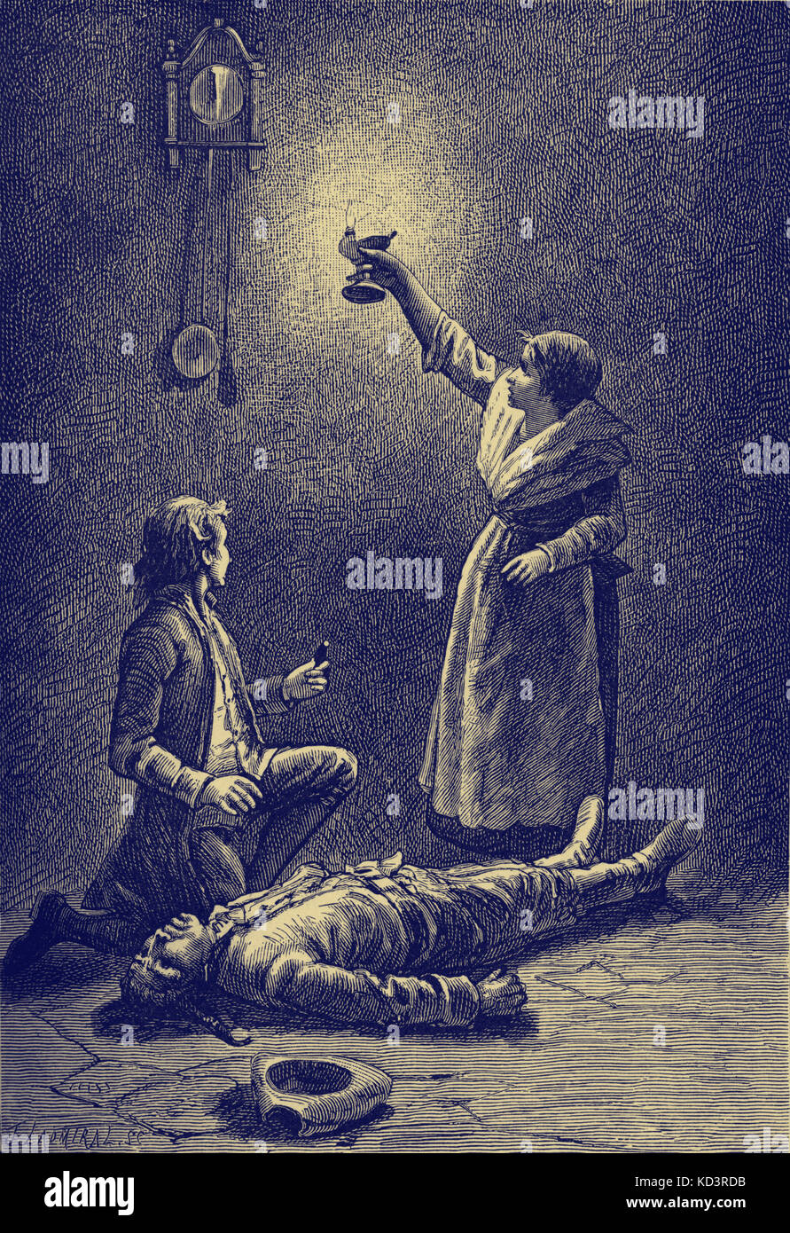 Treasure Island von Robert Louis Stevenson. Bildunterschrift lautet: "Das Ticken der Uhr hat uns mit Alarmen gefüllt". (Jim und seine Mutter.) Ch IV die Brust des Meeres. Zuerst veröffentlicht als Serie 1881-82. RLS: Schottischer Romanautor, Dichter und Reiseschriftsteller, 13. November 1850 - 3. Dezember 1894. Stockfoto