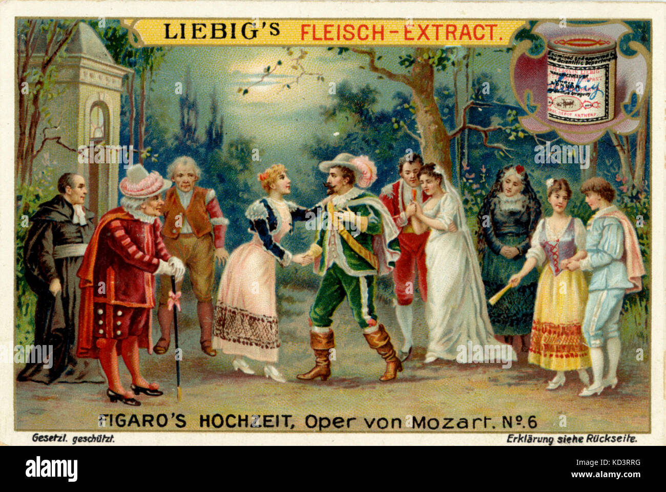 Mozarts Oper "Die Hochzeit des Figaro, Akt 4 Der Graf bittet die Gräfin (getarnt als Susanna), ihm zu vergeben. Liebig Viande Anzeige Nr. 6. Wolfgang Amadeus Mozart, Österreichischer Komponist, 1756-1791 Stockfoto